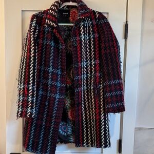 Desigual Black and Red Plaid Pea Coat